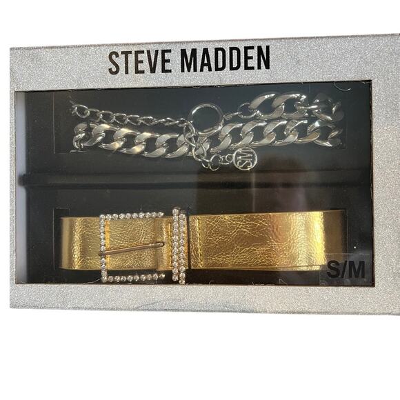 Steve Madden Metallic Belt Bundle Gold & Chunky Silver Chain Belt - Picture 1 of 3